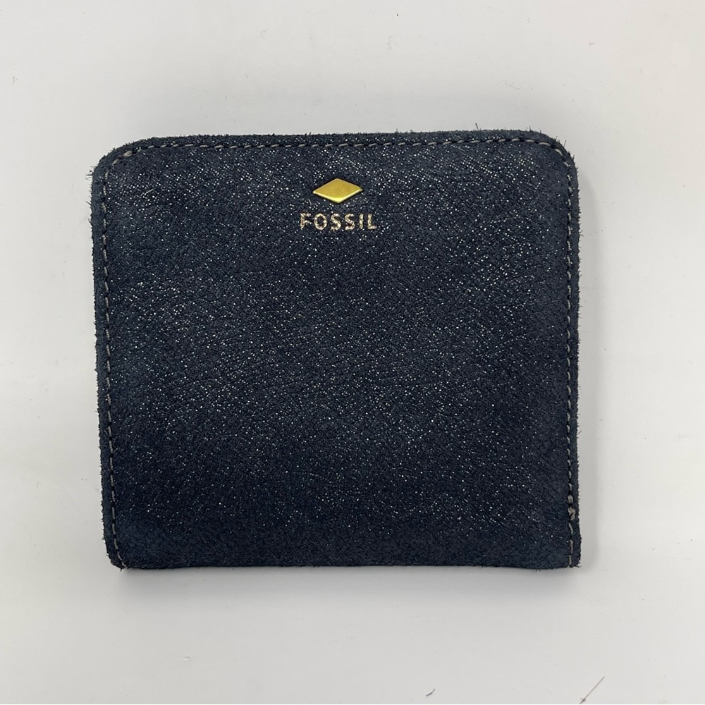 Fossil Madison Bifold Wallet Black Shimmer Nubuck Suede RFID Zippered Coin Pouch - Picture 2 of 11